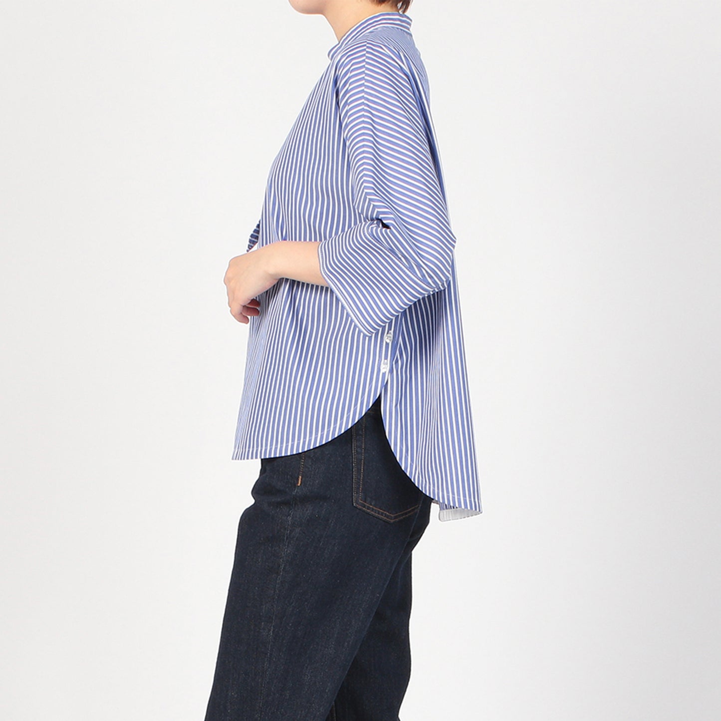 cafune STRIPED BAND COLLAR PULLOVER SHIRT